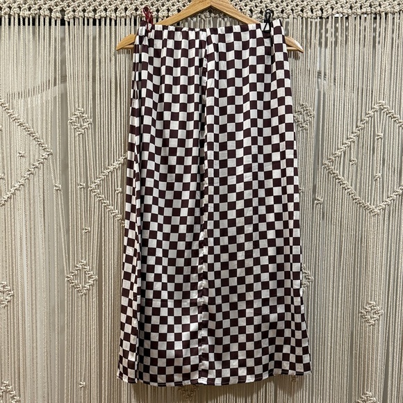 Dressed in LALA Checkered Brown and Cream Midi Satin Skirt - Picture 3 of 8